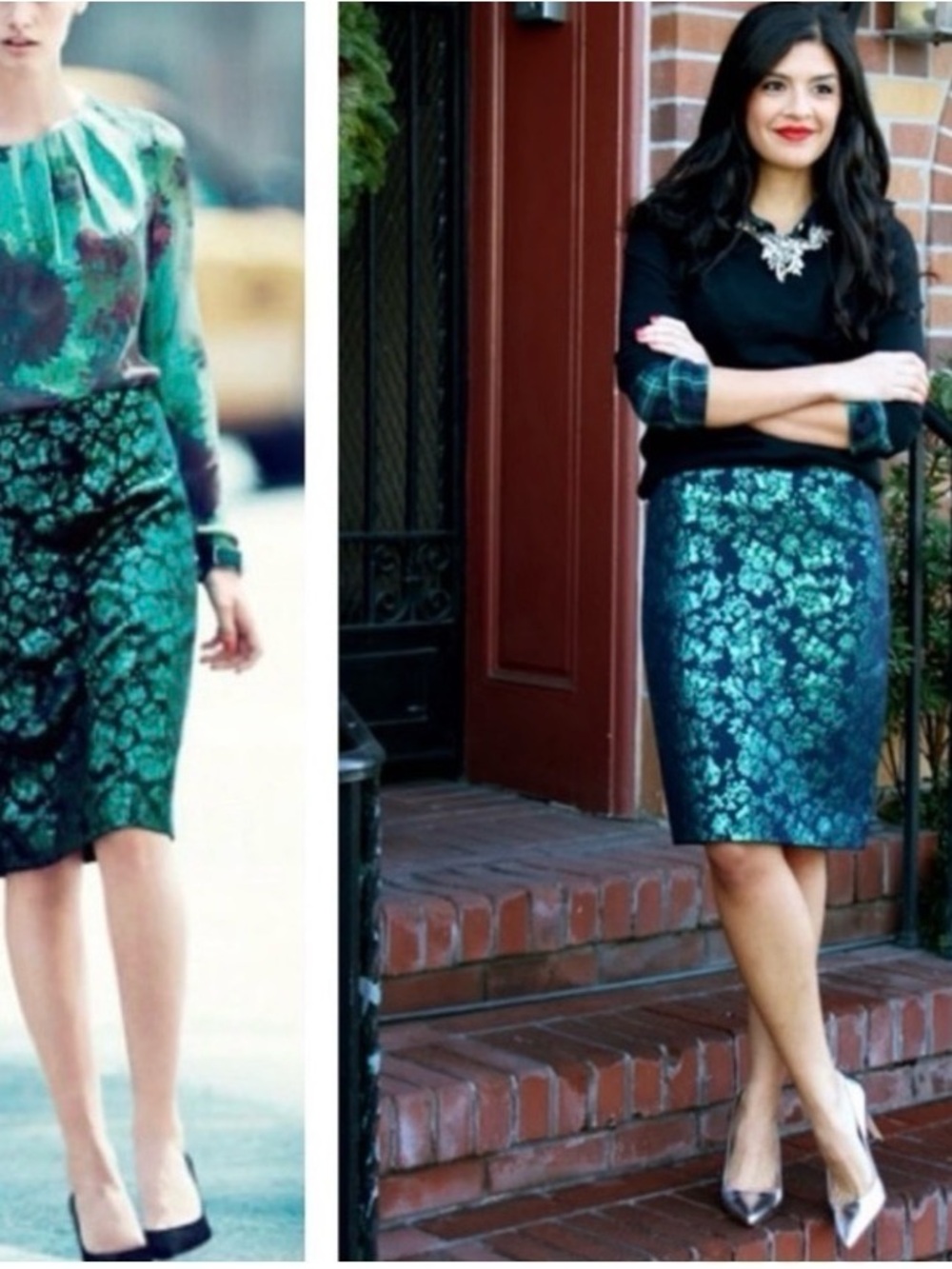 J. Crew Teal Floral Jacquard Pencil Skirt